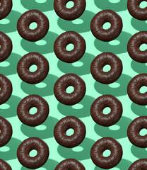 Seamless isometric 3d pattern. Chocolate  donuts. Minimal design. Donuts lover, Restaurant, bakery candy shop, food delivery concept