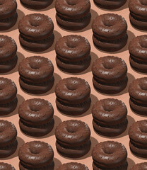 Seamless isometric 3d pattern. Chocolate  donuts. Minimal design. Donuts lover, Restaurant, bakery candy shop, food delivery concept