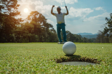 Blurred Golfer putting ball on the green golf, lens flare on sun set evening time. Golfer action to win after long putting golf ball in to the hole.