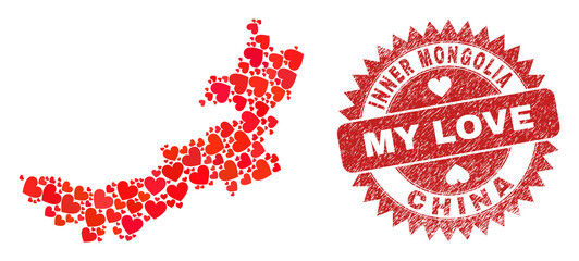Vector collage Inner Mongolia map of valentine heart items and grunge My Love stamp. Mosaic geographic Inner Mongolia map designed with love hearts.