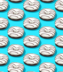 Seamless isometric 3d render pattern. White Chocolate donuts. Minimal design. Donuts lover, Restaurant, bakery candy shop, food delivery concept