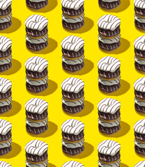 Seamless isometric 3d render pattern.  Black and White Chocolate donuts. Minimal design. Donuts lover, Restaurant, bakery candy shop, food delivery concept