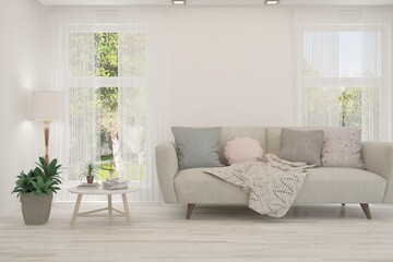 White living room with sofa and summer landscape in window. Scandinavian interior design. 3D illustration