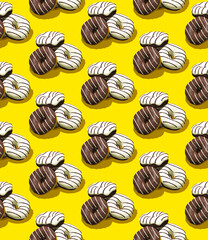 Seamless isometric 3d render pattern.  Black and White Chocolate donuts. Minimal design. Donuts lover, Restaurant, bakery candy shop, food delivery concept