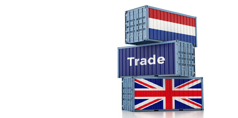 Fototapeta na wymiar Freight containers with Netherlands and United Kingdom flag. 3D Rendering 