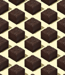 Seamless isometric 3d render pattern.  Chocolate cake. Minimal design. Cacao lover, Restaurant, bakery, candy sweet shop, food delivery concept