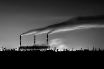 Steam from thermal power plant night view ahead of the river. Night photography with long exposure © Torkhov