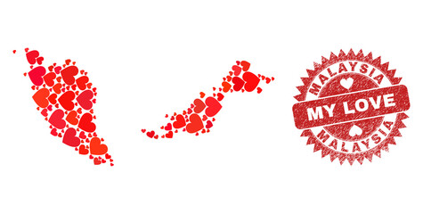 Vector collage Malaysia map of love heart items and grunge My Love stamp. Collage geographic Malaysia map designed using love hearts. Red rosette stamp with unclean rubber texture and my love word.