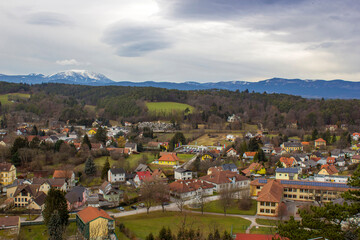 Fototapeta na wymiar town of Pitten - view from the fortifications of the mountain church, Lower Austria