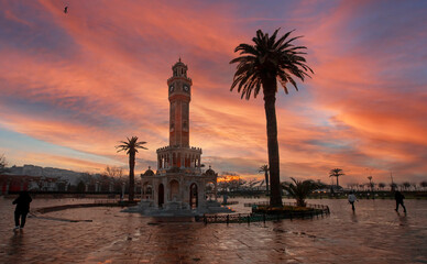 Fototapeta premium Izmir, Turkey - January 28 2021: In view of Izmir City Clock Tower. Tower is the symbol of Izmir in Turkey