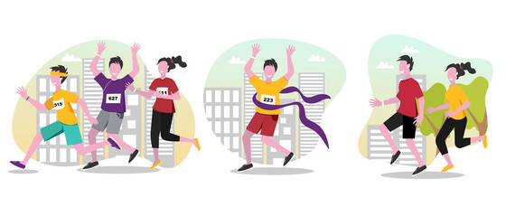Running people vector cartoon illustrations set. Running marathon, winning marathon. Man and woman are running in the city park. Doing cardio, training, immunity strengthening concept.