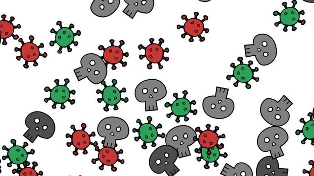 Corona virus cells and skulls in cartoon comic style flying on white background. Hand drawn 4K screensaver.