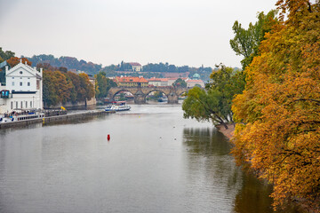 Breathtaking view of River Vltava with Charles bridge in the distance, Prague, Czech Republic