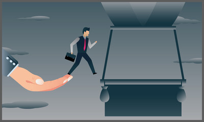 Obraz premium vector illustration of big hand help businessman jumping into a hot air balloon