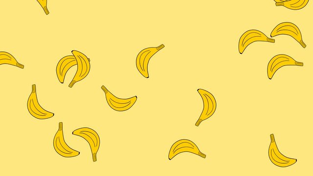 Cartoon bananas falling down on yellow background. 4K animation with hand drawn elements.