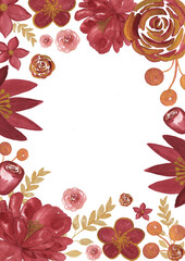 Watercolor floral frame. Hand painted hand drawn abstract flowers. Template, invitation, greeting card, poster. 