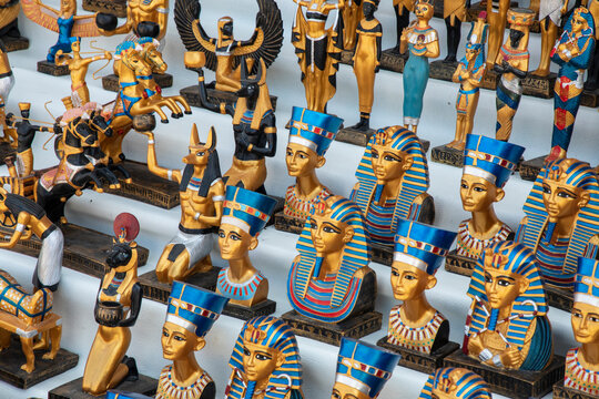 Tutankhamen souvenirs on a market stall by the Pyramids of Giza