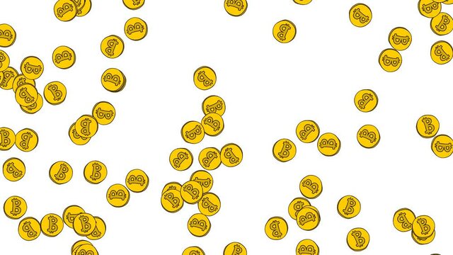 Many bitcoin coins falling down. Hand drawn coins of digital currency on white background. Screensaver animation in 4K.