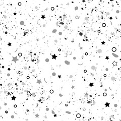 Seamless pattern of doodle splashes of paint and stars. Monochrome drawing on a white background. Print for fabric, wallpaper, paper, packaging, cover