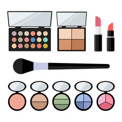 Set of decorative cosmetics: palette with shadows, blush, powder, lipstick and makeup brush.