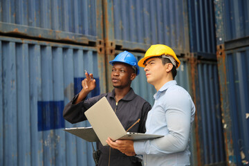 Professional engineer staff team checking and inspect container for international business logistic import and export concept.