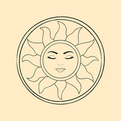 Sun sign, mascot, tattoo drawing. Vector black pencil sketch