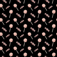 Fototapeta premium Watercolor halloween pattern with candies Dark digital paper, seamless pattern, scrapbooking, wrapping and wallpaper, fabric and textile design. Nursery, kids clothes design