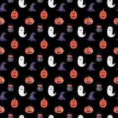 Watercolor halloween seamless pattern with cute pumpkins, ghosts. Autumn cute digital paper, backdrop, background, wrapping paper, wallpaper, textile and fabric design