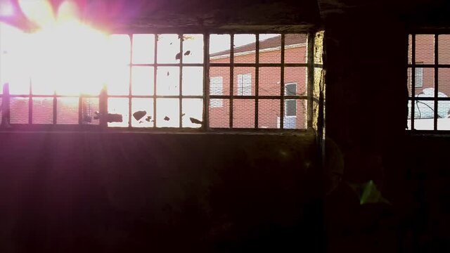 Dramatic view from inside an abandoned building with sun flares hitting the window.