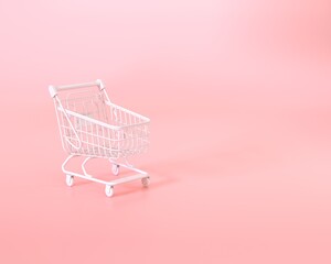 Shopping cart on a pastel pink background. Sale buy shopping mall market store. Shopping Trolley. Minimalist concept, isolated cart. 3d render
