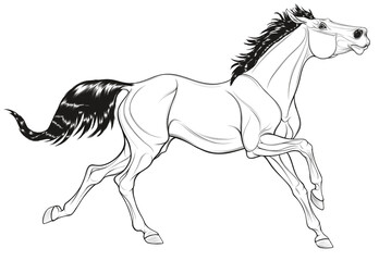 Obraz na płótnie Canvas Linear illustration of a thoroughbred horse galloping with its head up. Running stallion laid its ears back. Vector black and white illustration for decoration of equestrian goods.