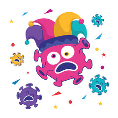 April Fools Day, Covid-19 virus wearing Harlequin joke hat  vector illustration