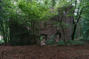 old stone building of a former castle in forest, Germany, Neroth