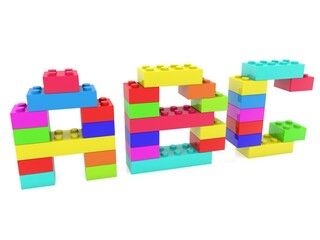 ABC concept from colored toy bricks to white