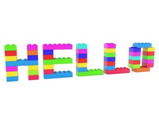 HELLO concept from colored toy bricks to white
