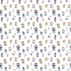 Watercolor magic wizard seamless pattern. Colorful magic elements on white background. Watercolor backdrop for kids, nursery, baby textile, fabric or paper products Crystal and diamonds seamless