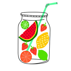 Summer lemonade with fruit: lemon, lime, orange, strawberry, isolated on a white background.