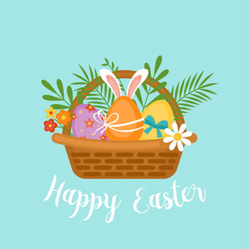 Easter holiday banner design with Easter eggs in basket
