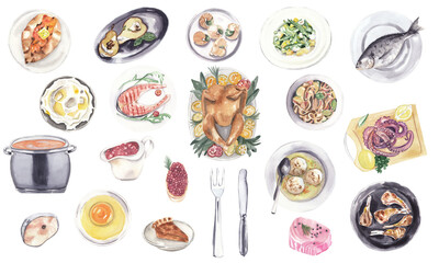 Watercolor hand drawn food set on white.  Delicious dishes, delicacies and traditional  cuisine. Fish, turkey, soup, meat, steake, potato, octopus. Cook book, recipe book and menu
