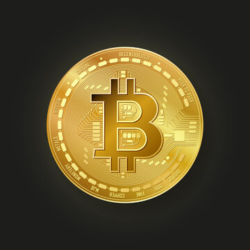 Bitcoin vector illustration. Realistic golden coin on black background. Cryptocurrency symbol. Digital currency BTC.