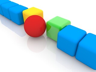 Obraz premium Colorful toy blocks one after the other in a row with a red ball in the middle