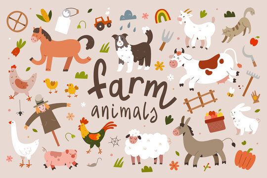 Cute farm animals collection, flat animal illustration, cow, sheep and rooster with face expressions, cartoon characters for kids isolated, flat vector cliparts.