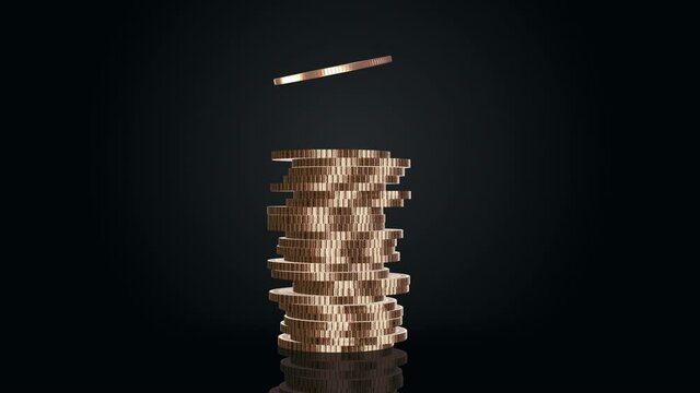 Falling bitcoins on black background. Bitcoin symbol 3d model for any projects.