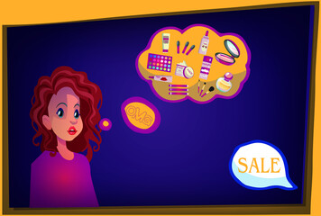 A red-haired girl saw a cosmetics sale. A glamorous woman in the style of comics.. Trend vector image.