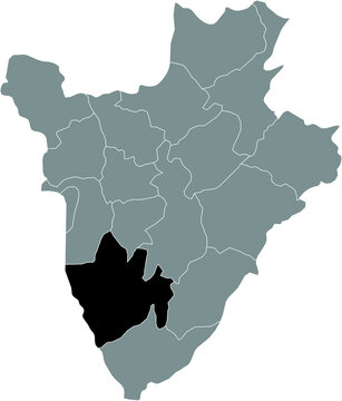 Black location map of the Burundian Bururi province inside gray map of Burundi