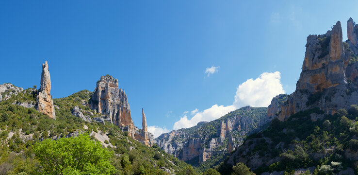 Rocky spires in Mascun Ravine in Guara Mountains.