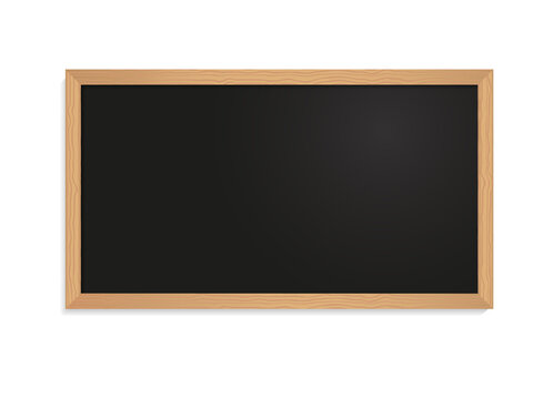Vector realistic school chalkboard. Mockup. Black color. Empty template with wooden frame isolated on white. Wooden blackboard or classboard. EPS 10.