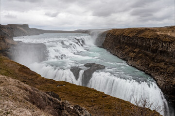 Gullfoss Falls waterfall in Iceland on the famous Golden circle route
