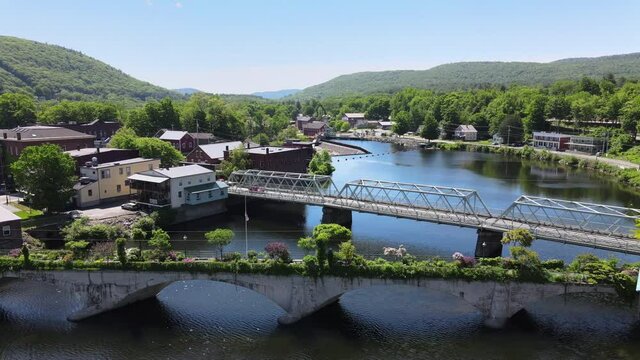 Drone video of downtown Shelburne Falls, MA with view of the iconic Bridge of Flowers