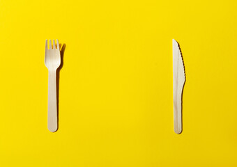 Zero waste concept. Set of Eco friendly wooden cutlery. Plastic free concept. Top view. Copy space